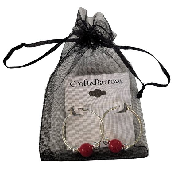 Croft & Barrow Hoop Earrings Red Beads Silver Tone Pierced, Free Gift Bag 1.5 in - Picture 6 of 7